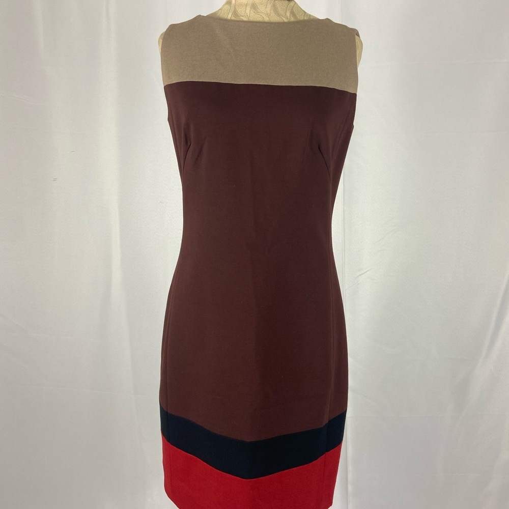 AKRIS Size 6 Colorblock Knee Length Sleeveless Dress - Brown, Red, and Tan